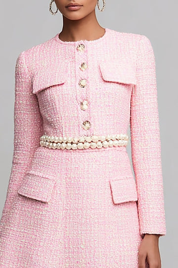 Tweed Pink A Line Work Dress with Long Sleeves
